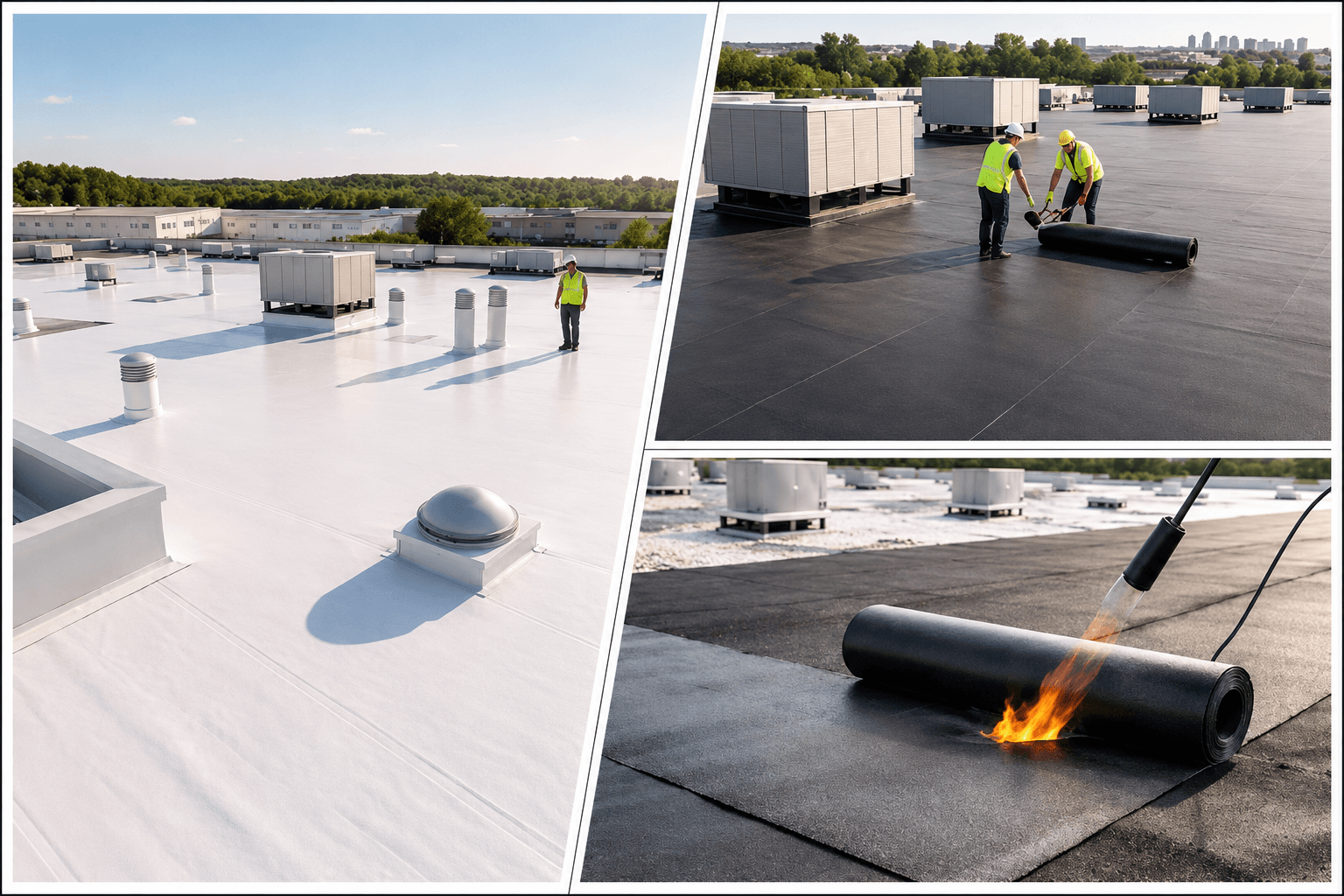 Aerial view of a large white TPO commercial flat roof with rooftop HVAC units