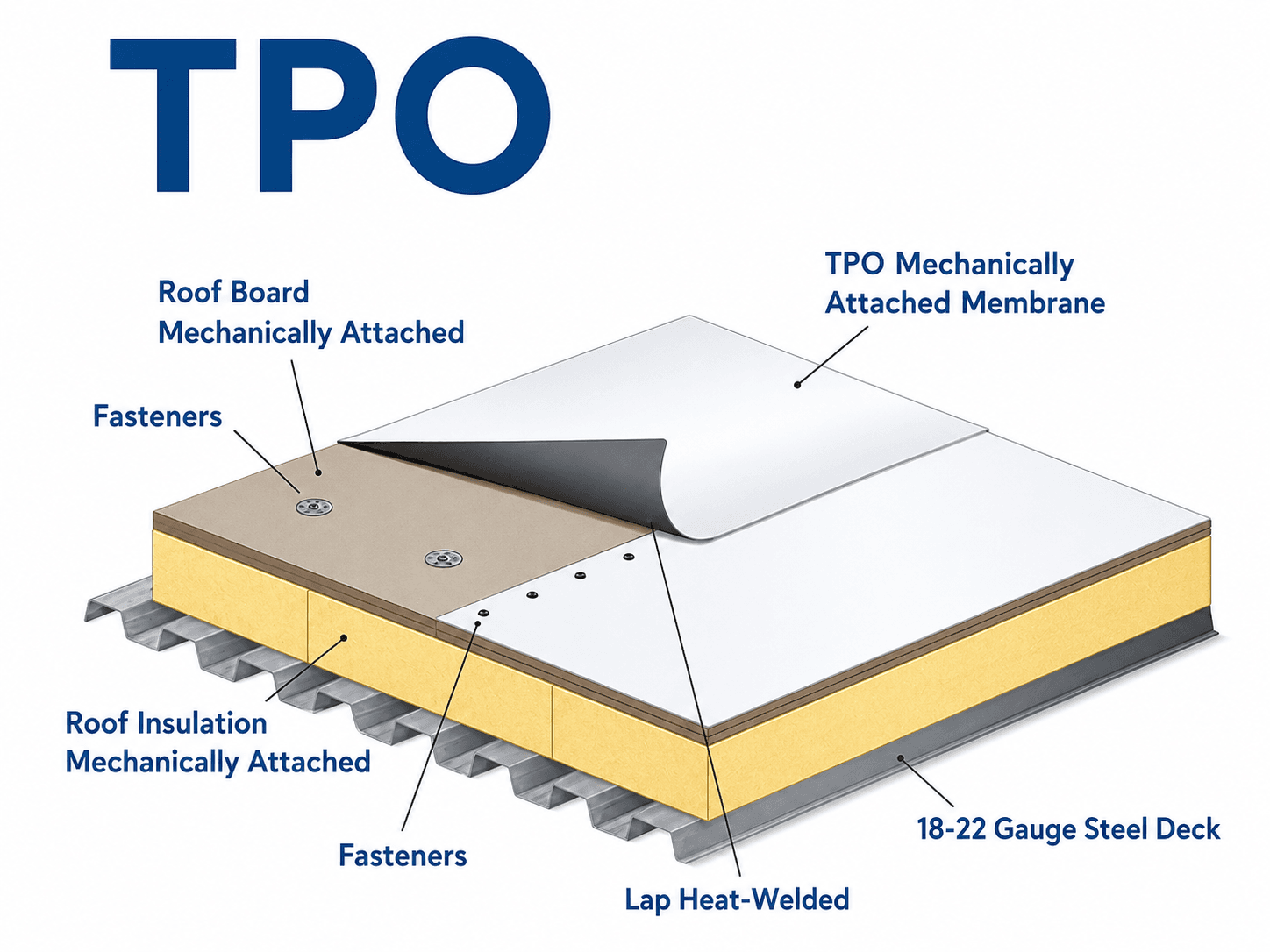 Diagram of a TPO commercial roof system showing membrane, insulation, fasteners, and steel deck layers