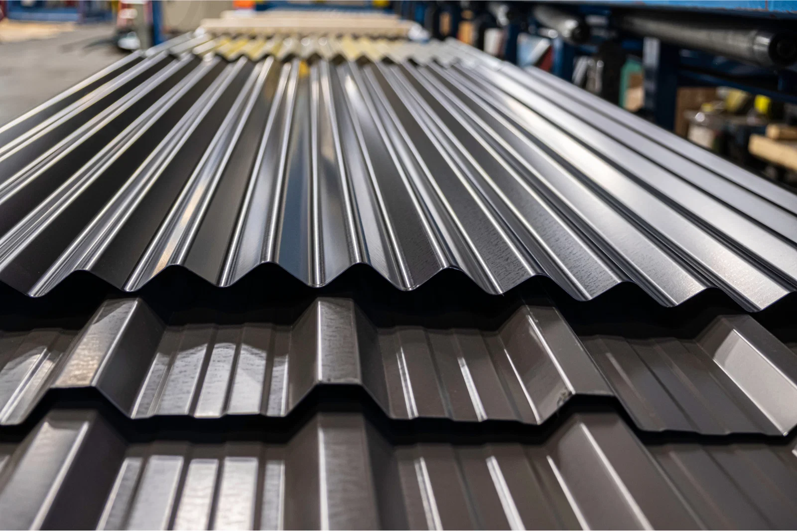 Close-up of corrugated metal roofing sheets in a fabrication shop