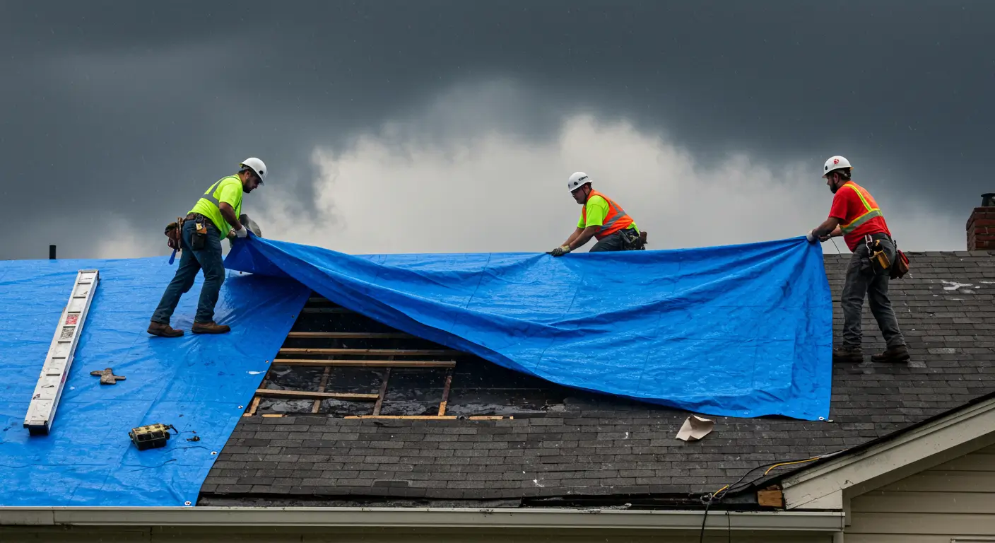 Three crew members pulling a large blue tarp over a storm-damaged roof under a dark stormy sky