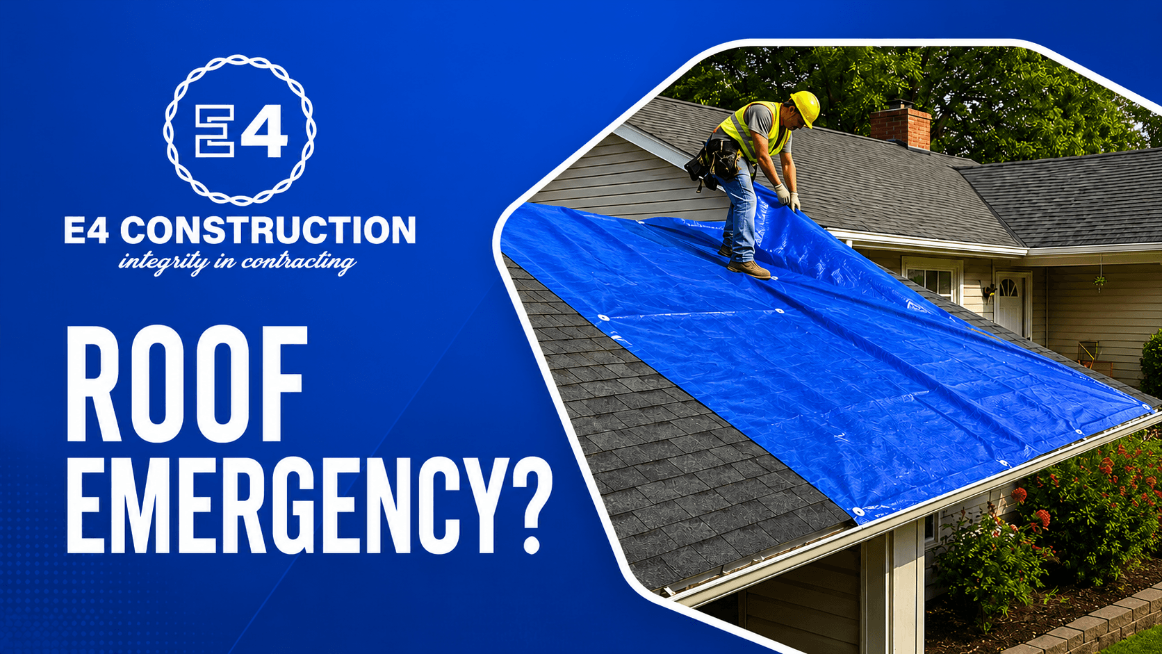 E4 crew member securing a blue emergency tarp over a damaged residential roof