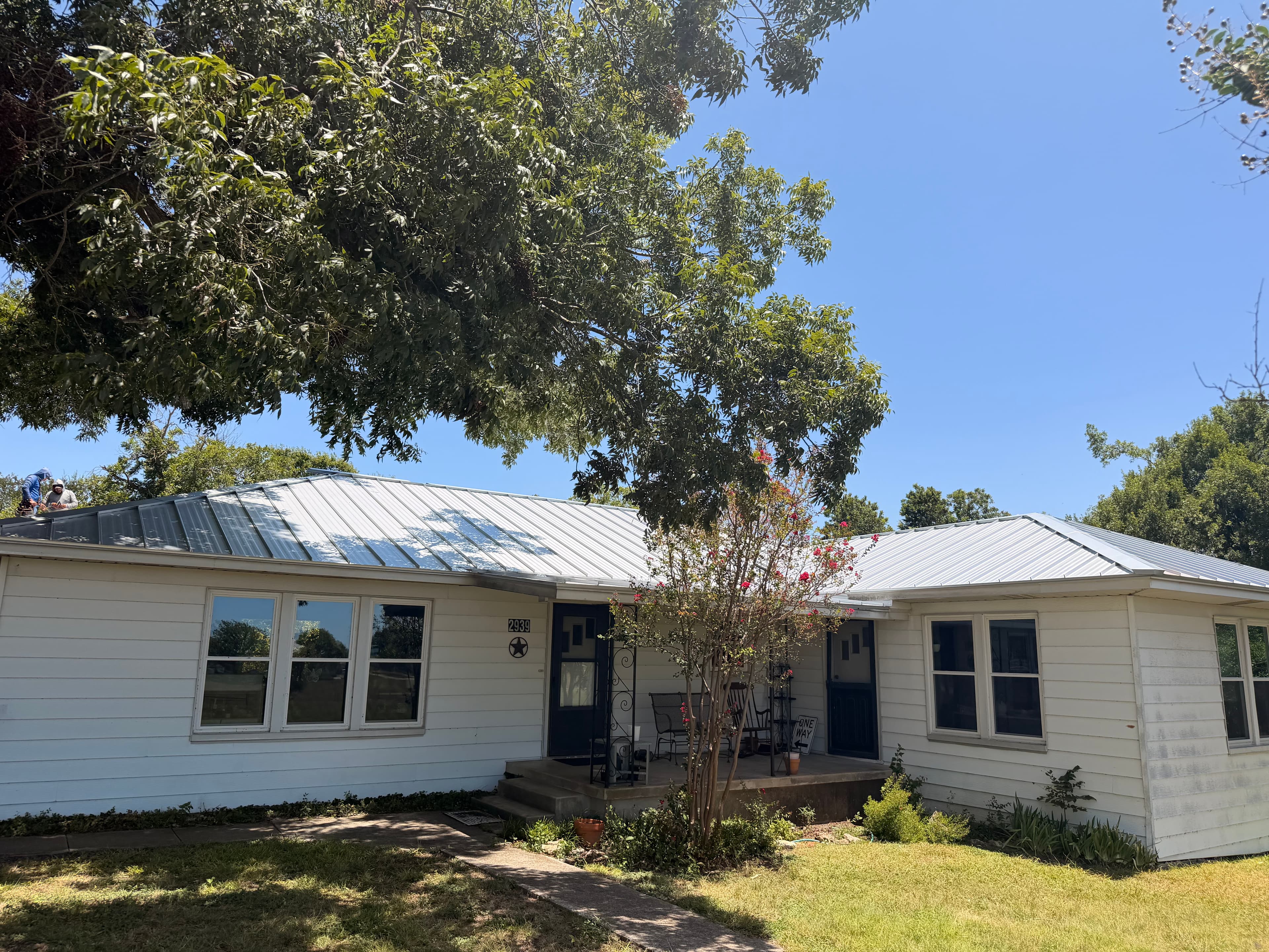 Ranch-style home with a white standing seam metal roof shaded by a large tree