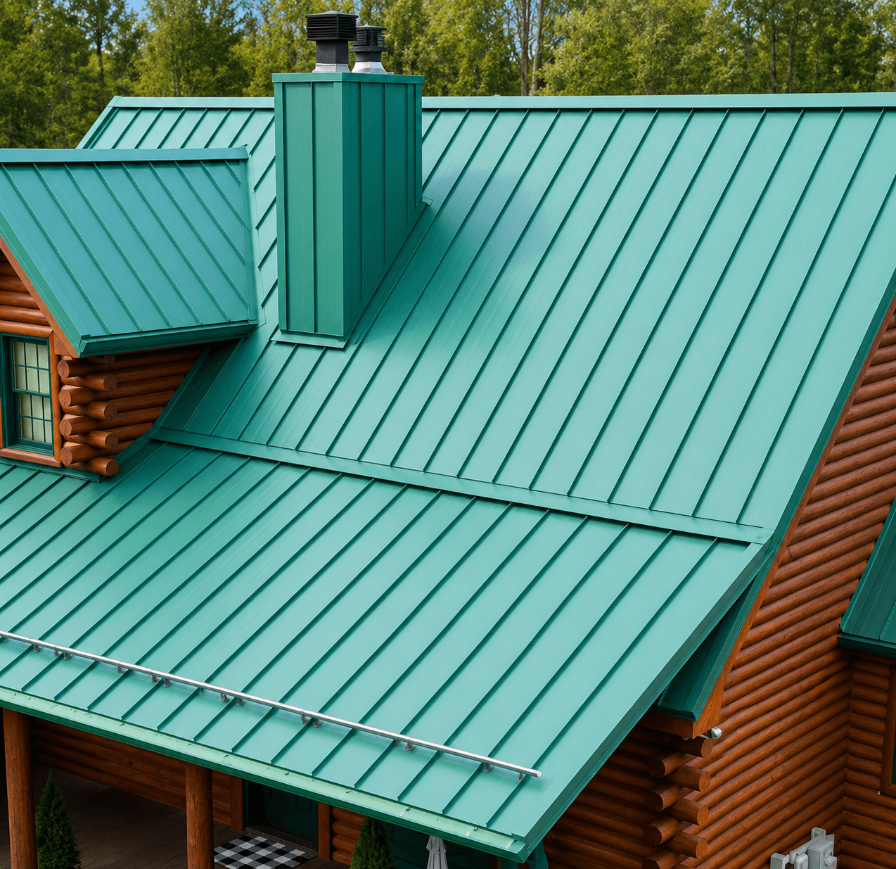 Log cabin with a green standing seam metal roof