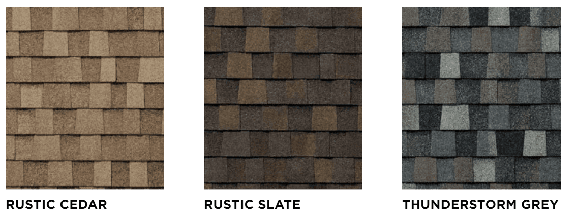 TAMKO HailGuard Class 4 shingle colors: Rustic Cedar, Rustic Slate, and Thunderstorm Grey